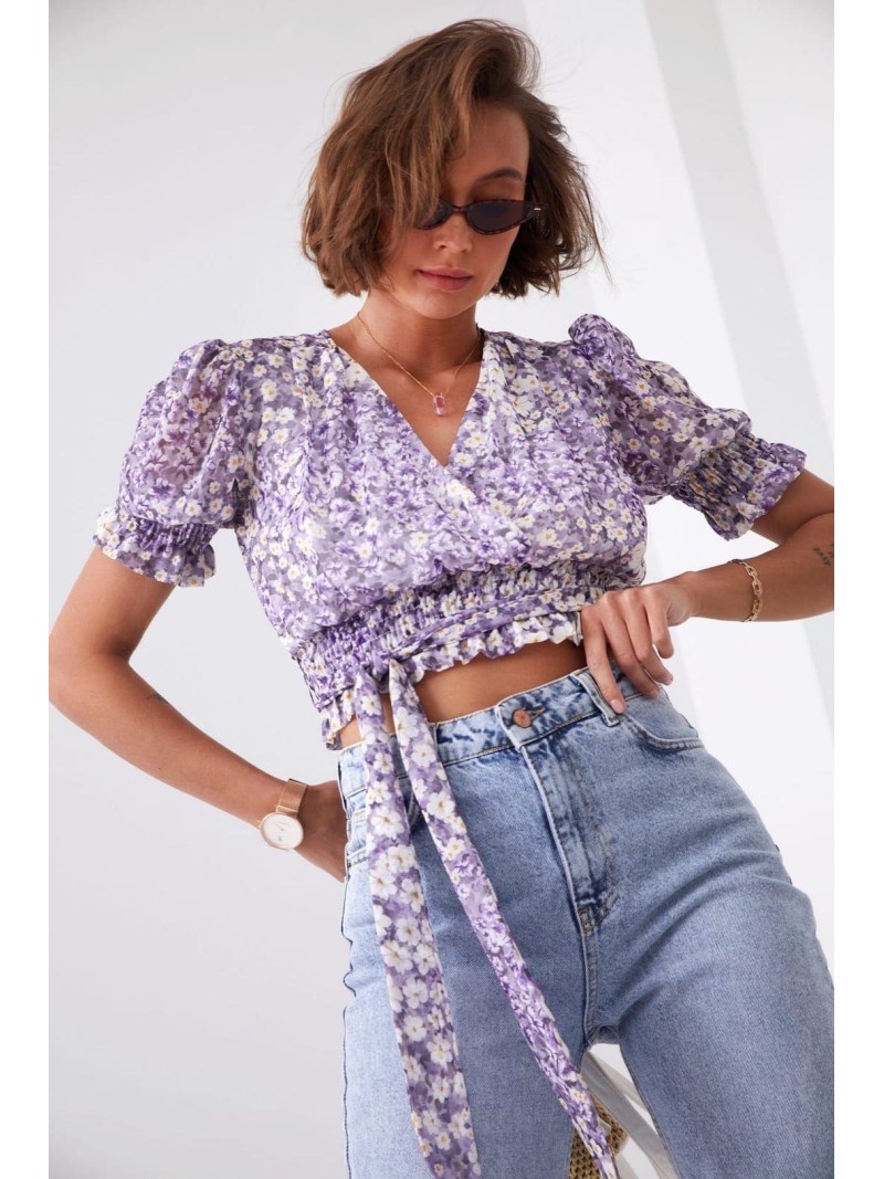 Short envelope blouse with flowers and a belt, purple and cream 02041 - Online store - Boutique